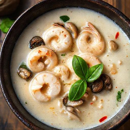 Tom Kha Gai s krevetami a hubami
