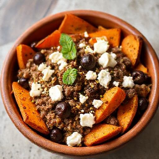 Batatová miska s mletým mäsom a feta syrom (grécky twist)