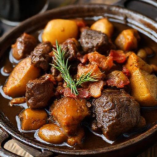 Hovädzie na čiernom pive s koreňovou zeleninou a slaninou