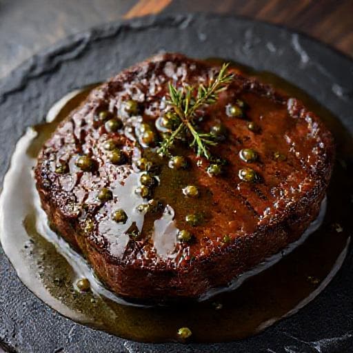 Hovädzí steak s omáčkou zo zeleného korenia a brandy