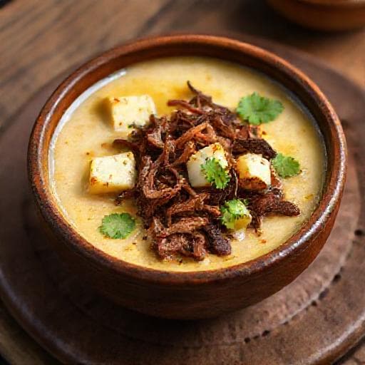 Caldo de Mandioca com Queijo Coalho e Carne Seca