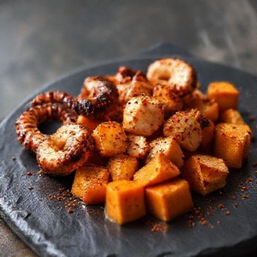 Polvo Assado com Batata Doce e Pimentão Defumado