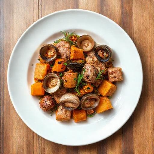 Carne de Porco à Alentejana com Batata Doce e Ervas Aromáticas