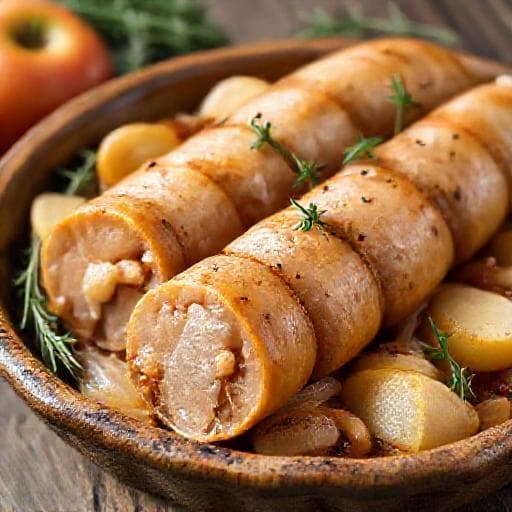Tradycyjna Biała Kiełbasa Pieczona z Jabłkami i Cebulą