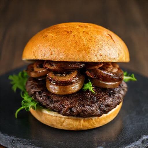 Burger Wołowy z Grzybami i Cebulą Karmelizowaną