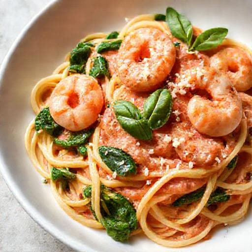 Pâtes aux Crevettes et Épinards, Sauce Rosée Traditionnelle