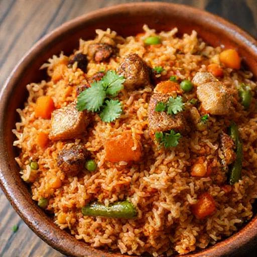 Riz Jollof au Poisson Fumée et Légumes