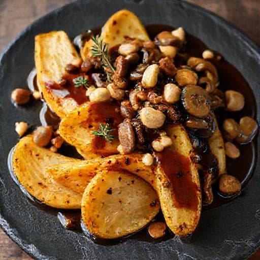 Céleri-rave Rôti, Sauce Umami aux Champignons Sauvages et Noisettes