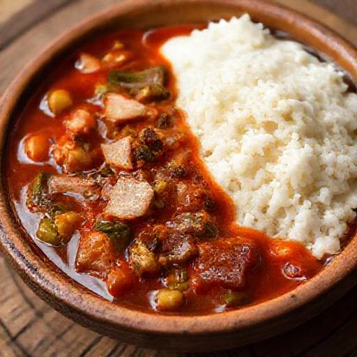 Foufou Sauce Graine au Poisson Fumé et Légumes