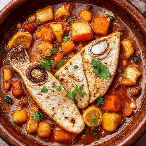 Tajine de Poisson Chermoula aux Légumes Racines et Citron Confit
