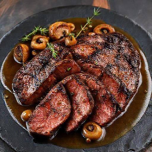 Bavette à l'échalote, sauce au Cognac et champignons