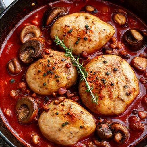 Poulet à la Chasseur aux Champignons Sauvages et Vin Rouge