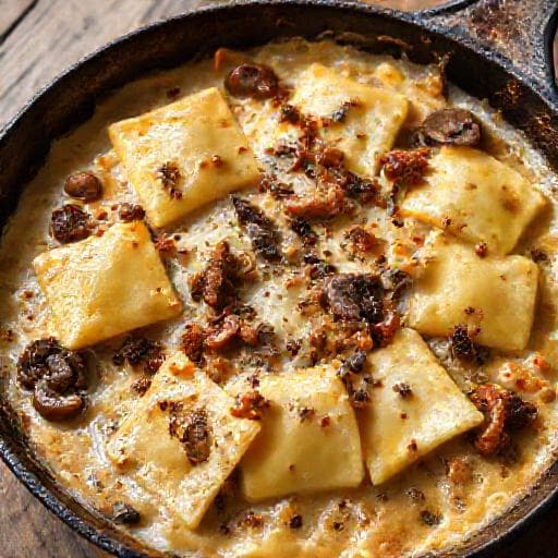 Gratin de Ravioles aux Champignons et Lardons