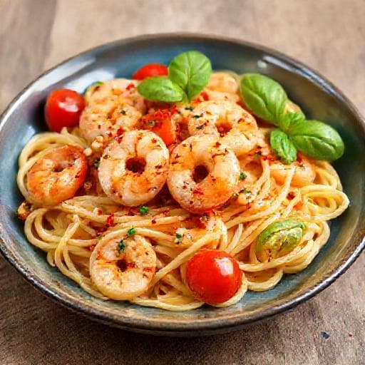 Räkpasta med Chili, Vitlök och Körsbärstomater