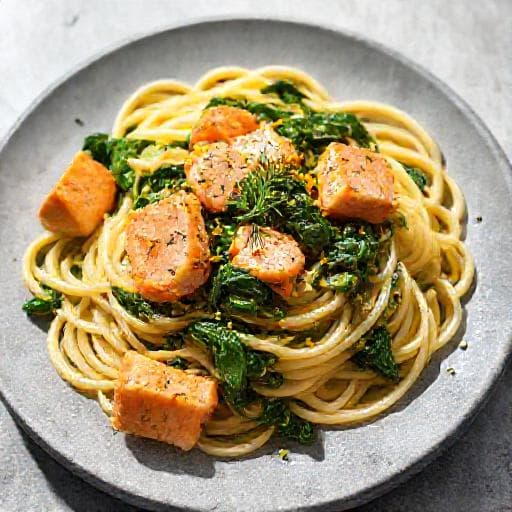 Pasta med Citron- och Dillmarinerad Lax och Spenat