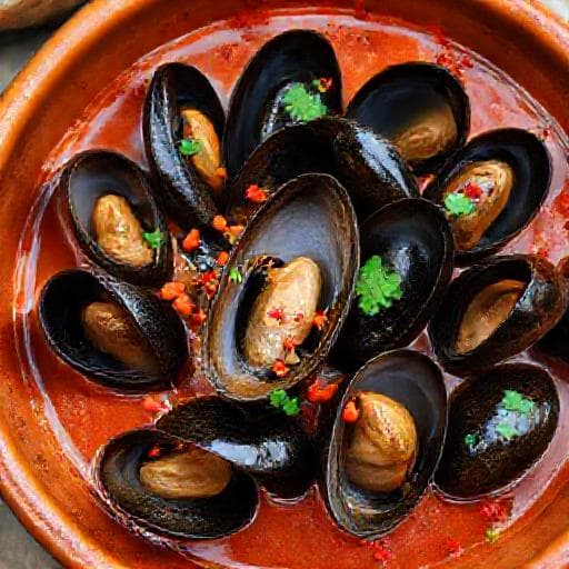 Muslinger i Hvidvin med Tomat og Chili
