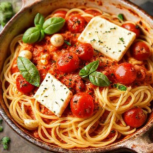 Klassisk Pasta med Bagt Feta og Tomater