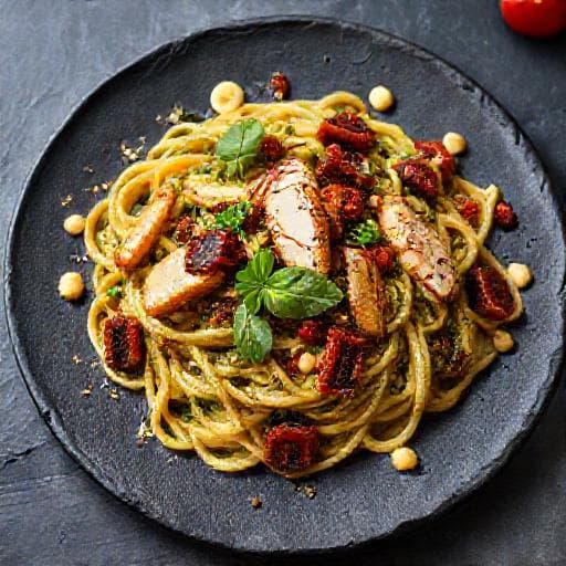 Pasta Pesto med Kylling og Soltørrede Tomater
