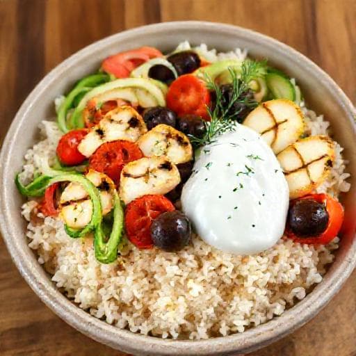 Gyros Bowl med Grillet Halloumi og Tzatziki