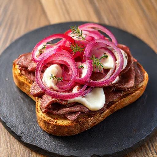 Kreativt Smørrebrød med Roastbeef, Syltede Rødløg og Aioli