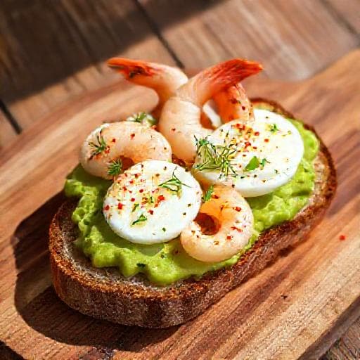 Smørrebrød med Æg, Rejer og Avocado