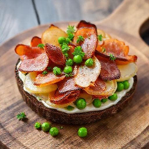 Smørrebrød med Kartoffel, Bacon og Ærter