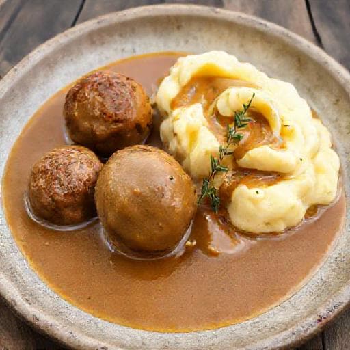 Frikadeller med Sennepsbrun Sovs og Kartoffelmos