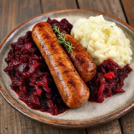 Medisterpølse med Rødkål og Kartoffelmos