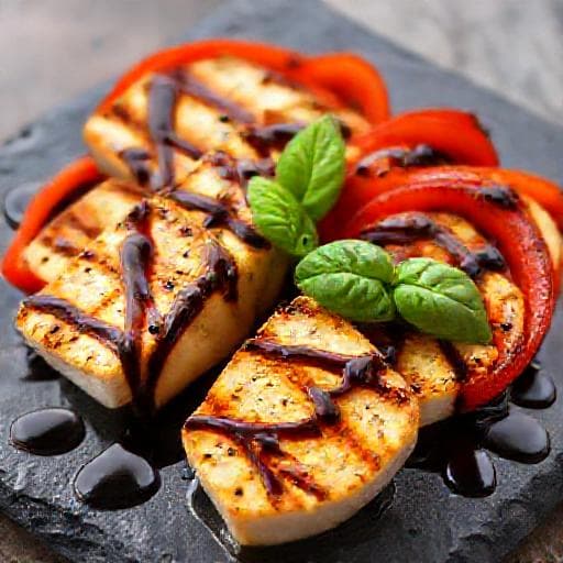 Grilované halloumi s pečenou paprikou a balzamikovou redukcí