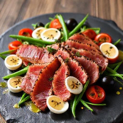 Salát Niçoise s grilovaným tuňákem a křepelčími vejci