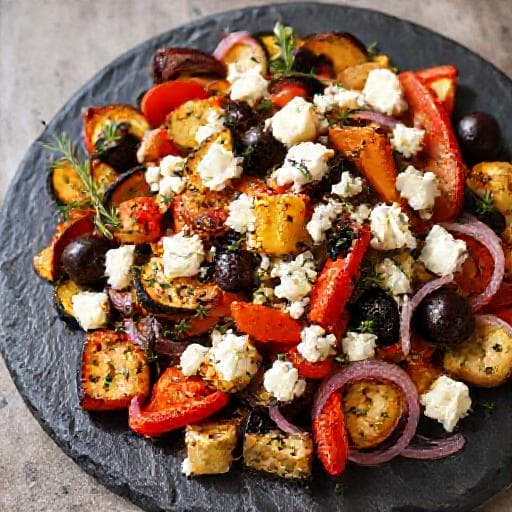 Salát z pečené zeleniny s feta sýrem a olivami