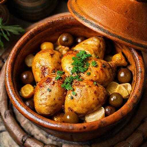 Tradiční marocký kuřecí tajine s citronem a olivami