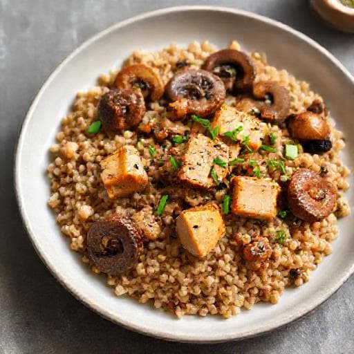 Pohanka s houbami a uzeným tofu (vegetariánská varianta)