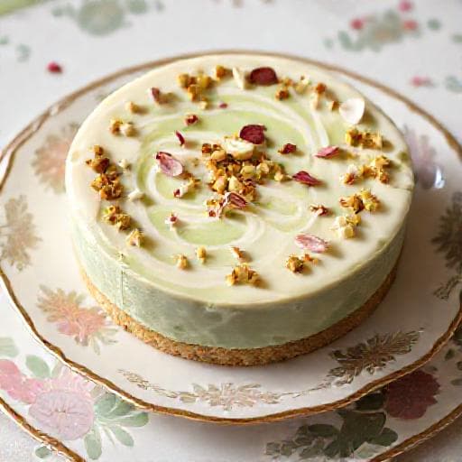 Pistáciový cheesecake s bílou čokoládou a růžovou vodou