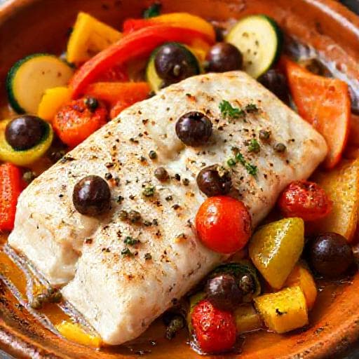 Treska pečená s mediteránskou zeleninou a kapary