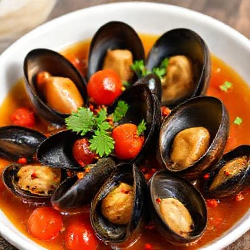 Slávky na bílém víně s rajčaty a chilli