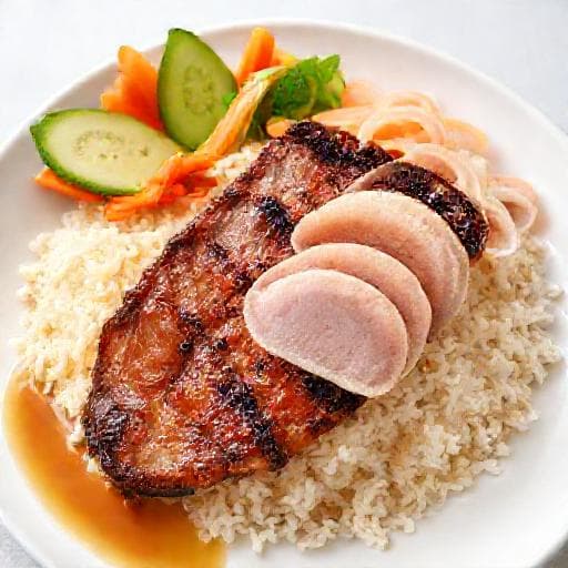 Cơm Tấm Sườn Bì Chả Lụa (Broken Rice with Pork Chop, Shredded Pork Skin, and Vietnamese Ham)