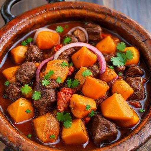 Cataplana de Carne com Batata Doce e Coentros
