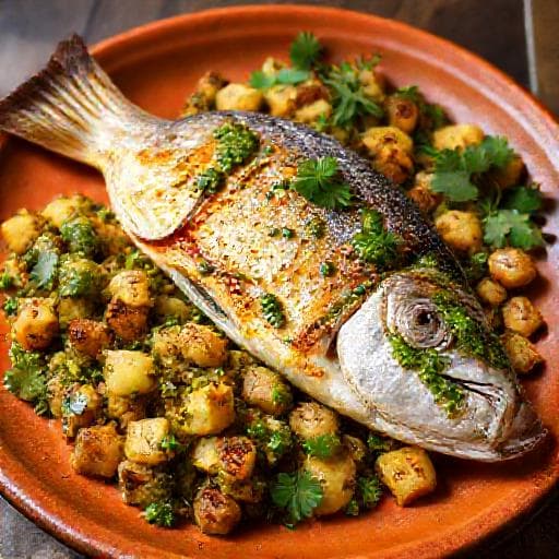 Peixe Assado com Batatas a Murro e Pesto de Coentros