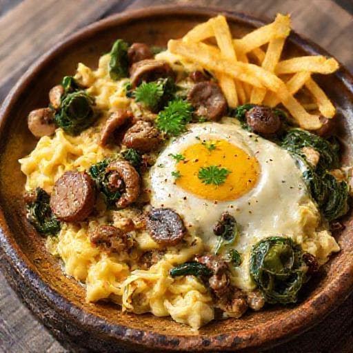 Alheira à Brás com Cogumelos e Espinafres