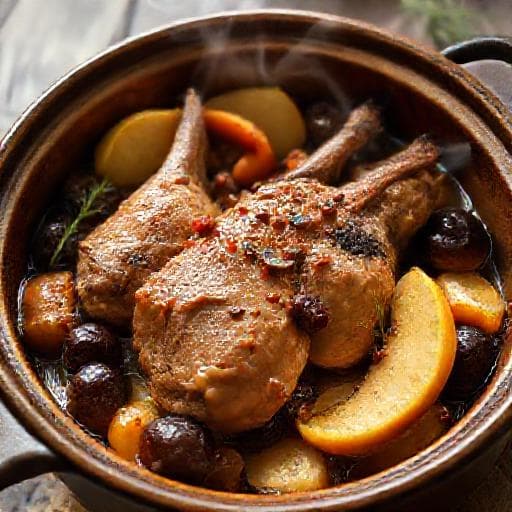 Кролик с черносливом и яблоками в горшочке