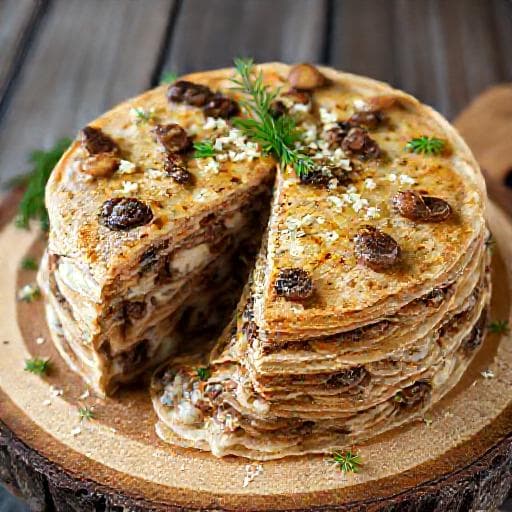 Печёночный торт с грибами и сыром