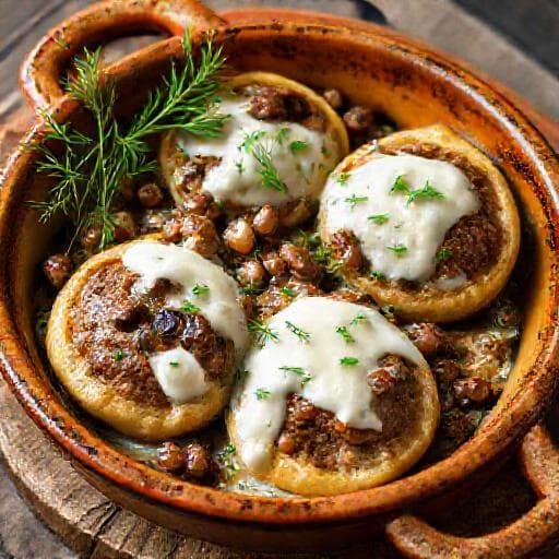 Мясные гнёзда по-домашнему с грибами и сметаной