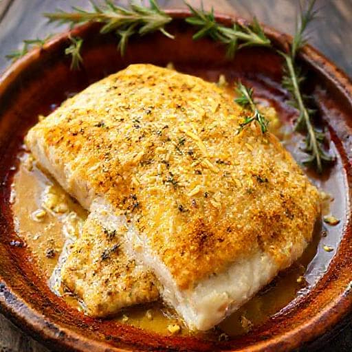 Треска под сырной корочкой с горчицей и травами