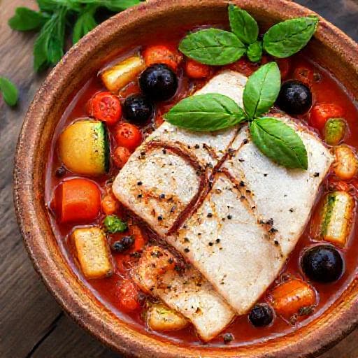 Хек, тушеный с овощами по-средиземноморски