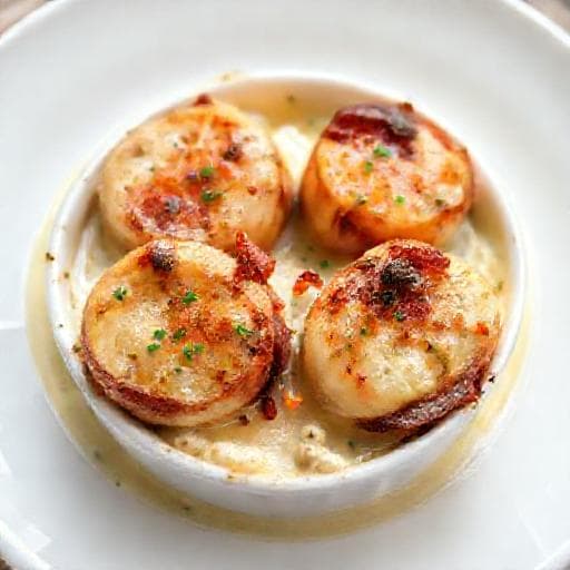 Запечённые гребешки с беконом и сливочным соусом