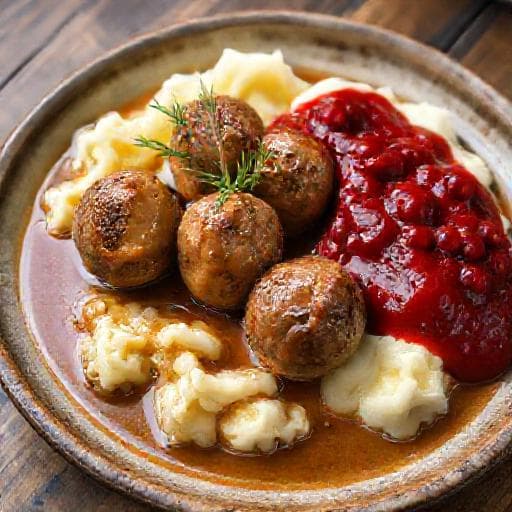 Lihapullat puolukkasurvoksella ja perunamuusilla