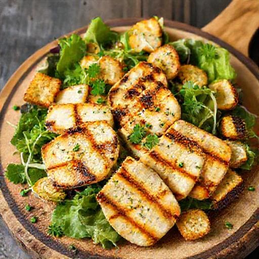 Caesarsalaatti grillatulla halloumilla ja sitruunaisella yrttikastikkeella
