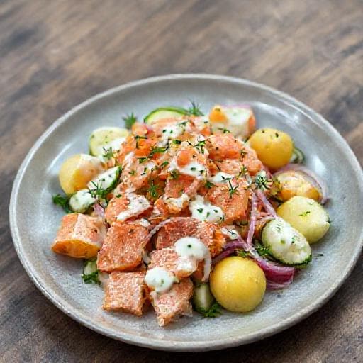 Lämmin savulohisalaatti yrtti-jogurttikastikkeella