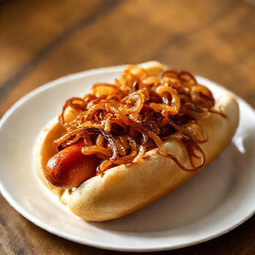 Klassinen Hot Dog Paahdetulla Sipulilla